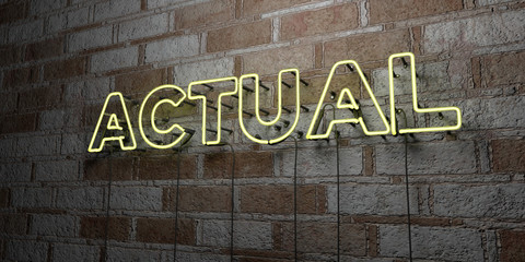 ACTUAL - Glowing Neon Sign on stonework wall - 3D rendered royalty free stock illustration.  Can be used for online banner ads and direct mailers..