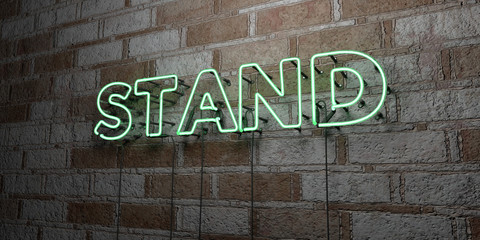 STAND - Glowing Neon Sign on stonework wall - 3D rendered royalty free stock illustration.  Can be used for online banner ads and direct mailers..