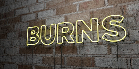 BURNS - Glowing Neon Sign on stonework wall - 3D rendered royalty free stock illustration.  Can be used for online banner ads and direct mailers..