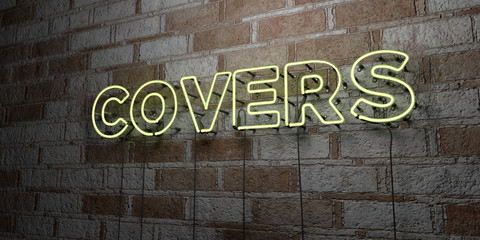 COVERS - Glowing Neon Sign on stonework wall - 3D rendered royalty free stock illustration.  Can be used for online banner ads and direct mailers..