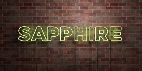 SAPPHIRE - fluorescent Neon tube Sign on brickwork - Front view - 3D rendered royalty free stock picture. Can be used for online banner ads and direct mailers..