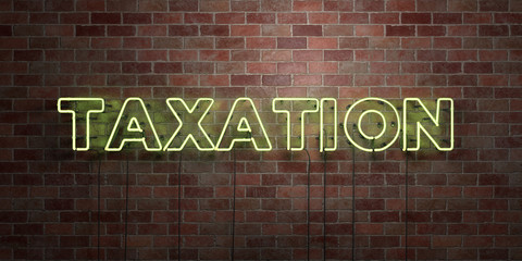 TAXATION - fluorescent Neon tube Sign on brickwork - Front view - 3D rendered royalty free stock picture. Can be used for online banner ads and direct mailers..