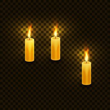 Candles with flame for birthday and christmas holiday. Vector set isolated on checkered transparent backdrop illustration