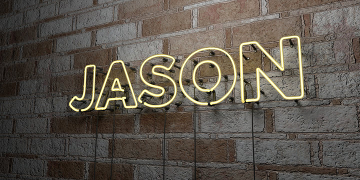 JASON - Glowing Neon Sign on stonework wall - 3D rendered royalty free stock illustration.  Can be used for online banner ads and direct mailers..