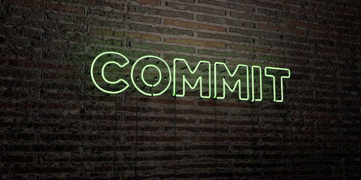 COMMIT -Realistic Neon Sign on Brick Wall background - 3D rendered royalty free stock image. Can be used for online banner ads and direct mailers..