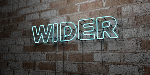 WIDER - Glowing Neon Sign on stonework wall - 3D rendered royalty free stock illustration.  Can be used for online banner ads and direct mailers..