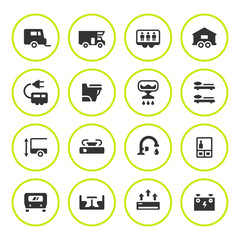 Set round icons of camper, caravan, trailer