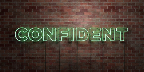 CONFIDENT - fluorescent Neon tube Sign on brickwork - Front view - 3D rendered royalty free stock picture. Can be used for online banner ads and direct mailers..