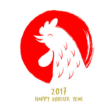 Chinese Year of the Rooster. red stamp with chicken. illustration hand drawn style,  isolated on white background.
