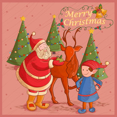 Obraz na płótnie Canvas Santa and Elf with deer in Merry Christmas Holiday celebration background