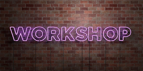 WORKSHOP - fluorescent Neon tube Sign on brickwork - Front view - 3D rendered royalty free stock picture. Can be used for online banner ads and direct mailers..
