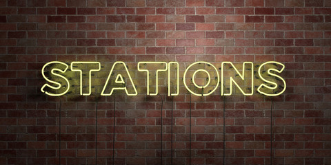 STATIONS - fluorescent Neon tube Sign on brickwork - Front view - 3D rendered royalty free stock picture. Can be used for online banner ads and direct mailers..
