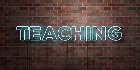 TEACHING - fluorescent Neon tube Sign on brickwork - Front view - 3D rendered royalty free stock picture. Can be used for online banner ads and direct mailers..