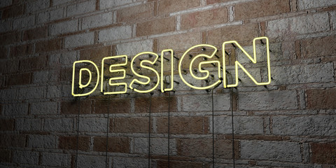 DESIGN - Glowing Neon Sign on stonework wall - 3D rendered royalty free stock illustration.  Can be used for online banner ads and direct mailers..