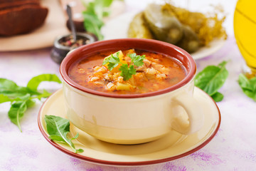 Soup with pickled cucumbers and pearl barley - rassolnik on a light background.