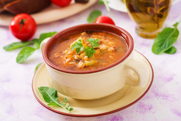 Soup with pickled cucumbers and pearl barley - rassolnik on a light background.