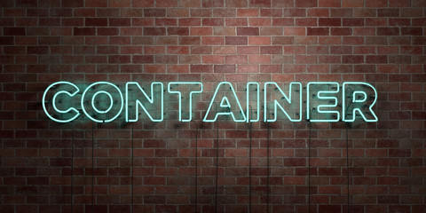 CONTAINER - fluorescent Neon tube Sign on brickwork - Front view - 3D rendered royalty free stock picture. Can be used for online banner ads and direct mailers..