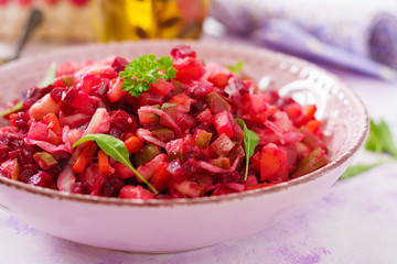 Beet salad Vinaigrette in a pink bowl