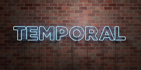 TEMPORAL - fluorescent Neon tube Sign on brickwork - Front view - 3D rendered royalty free stock picture. Can be used for online banner ads and direct mailers..