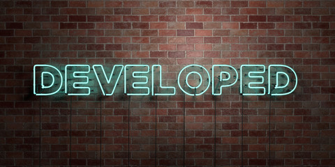 DEVELOPED - fluorescent Neon tube Sign on brickwork - Front view - 3D rendered royalty free stock picture. Can be used for online banner ads and direct mailers..