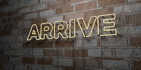 ARRIVE - Glowing Neon Sign on stonework wall - 3D rendered royalty free stock illustration.  Can be used for online banner ads and direct mailers..