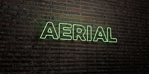 AERIAL -Realistic Neon Sign on Brick Wall background - 3D rendered royalty free stock image. Can be used for online banner ads and direct mailers..
