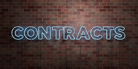 CONTRACTS - fluorescent Neon tube Sign on brickwork - Front view - 3D rendered royalty free stock picture. Can be used for online banner ads and direct mailers..
