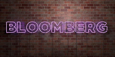 BLOOMBERG - fluorescent Neon tube Sign on brickwork - Front view - 3D rendered royalty free stock picture. Can be used for online banner ads and direct mailers..