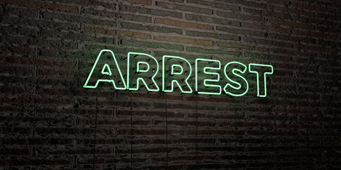 ARREST -Realistic Neon Sign on Brick Wall background - 3D rendered royalty free stock image. Can be used for online banner ads and direct mailers..
