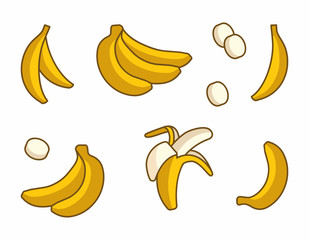 Vector Set of Cartoon Yellow Bananas on white background