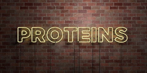 PROTEINS - fluorescent Neon tube Sign on brickwork - Front view - 3D rendered royalty free stock picture. Can be used for online banner ads and direct mailers..