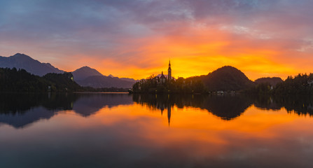 beautiful sunrise on the lake bled