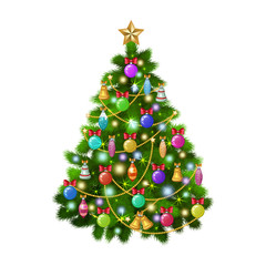 Christmas tree with colorful ornaments, vector illustration.