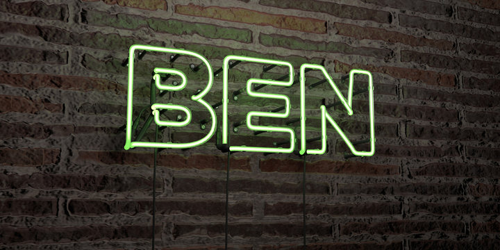 BEN -Realistic Neon Sign on Brick Wall background - 3D rendered royalty free stock image. Can be used for online banner ads and direct mailers..