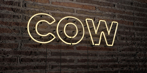 COW -Realistic Neon Sign on Brick Wall background - 3D rendered royalty free stock image. Can be used for online banner ads and direct mailers..