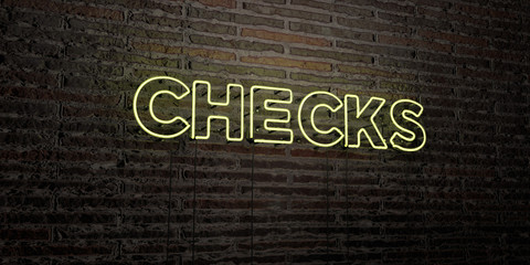 CHECKS -Realistic Neon Sign on Brick Wall background - 3D rendered royalty free stock image. Can be used for online banner ads and direct mailers..