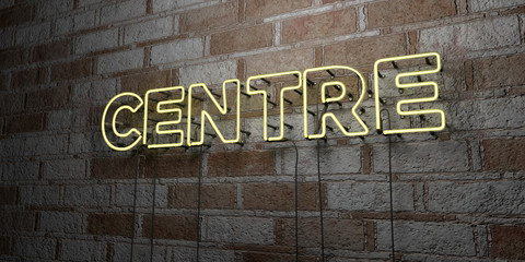 CENTRE - Glowing Neon Sign on stonework wall - 3D rendered royalty free stock illustration.  Can be used for online banner ads and direct mailers..