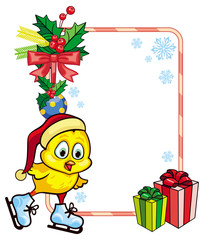 Cute chicken in funny hat ice skating. Christmas holiday frame. Copy space. 