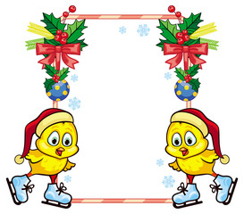 Cute chicken in funny hat ice skating. Christmas holiday frame. Copy space. 