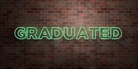 GRADUATED - fluorescent Neon tube Sign on brickwork - Front view - 3D rendered royalty free stock picture. Can be used for online banner ads and direct mailers..