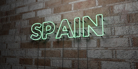 SPAIN - Glowing Neon Sign on stonework wall - 3D rendered royalty free stock illustration.  Can be used for online banner ads and direct mailers..