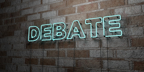 Fototapeta premium DEBATE - Glowing Neon Sign on stonework wall - 3D rendered royalty free stock illustration. Can be used for online banner ads and direct mailers..