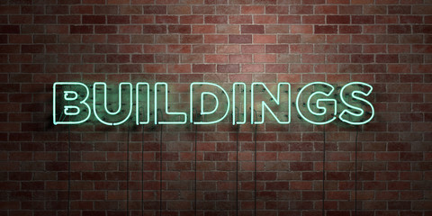 BUILDINGS - fluorescent Neon tube Sign on brickwork - Front view - 3D rendered royalty free stock picture. Can be used for online banner ads and direct mailers..