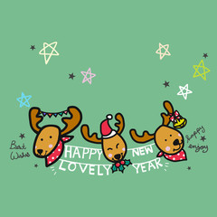 Happy New Year and cute reindeer cartoon illustration