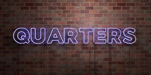 QUARTERS - fluorescent Neon tube Sign on brickwork - Front view - 3D rendered royalty free stock picture. Can be used for online banner ads and direct mailers..