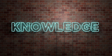 KNOWLEDGE - fluorescent Neon tube Sign on brickwork - Front view - 3D rendered royalty free stock picture. Can be used for online banner ads and direct mailers..