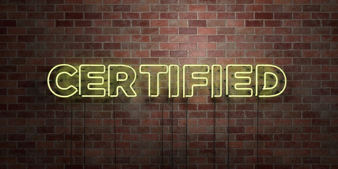 CERTIFIED - fluorescent Neon tube Sign on brickwork - Front view - 3D rendered royalty free stock picture. Can be used for online banner ads and direct mailers..