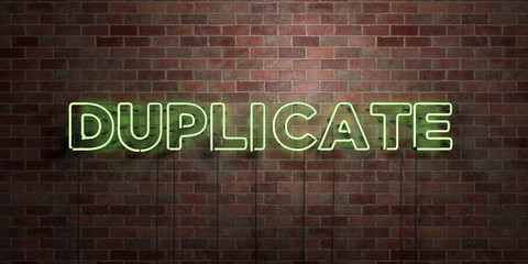 DUPLICATE - fluorescent Neon tube Sign on brickwork - Front view - 3D rendered royalty free stock picture. Can be used for online banner ads and direct mailers..