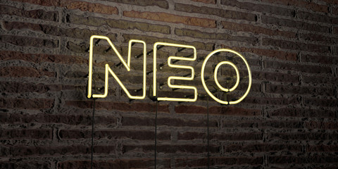 NEO -Realistic Neon Sign on Brick Wall background - 3D rendered royalty free stock image. Can be used for online banner ads and direct mailers.. - obrazy, fototapety, plakaty