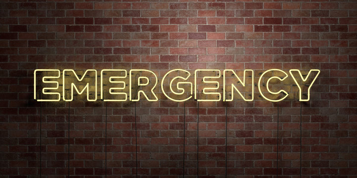 EMERGENCY - fluorescent Neon tube Sign on brickwork - Front view - 3D rendered royalty free stock picture. Can be used for online banner ads and direct mailers..